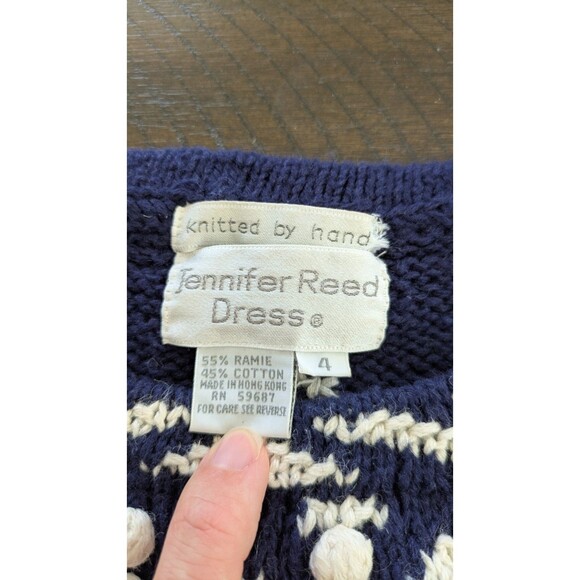 Vintage Jennifer Reed Hand Knit Sweater Sz 4 Pom Pom Cottage Cabin Navy White - Picture 5 of 8